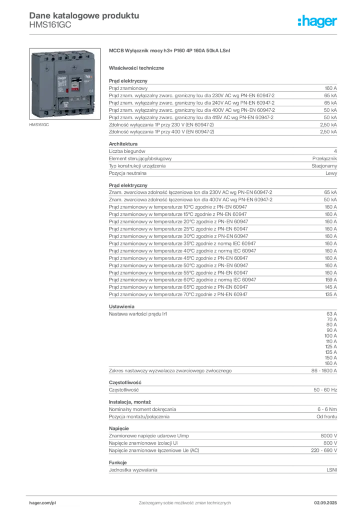Zdjęcie Hager Dane katalogowe produktu HMS161GC | Hager Polska