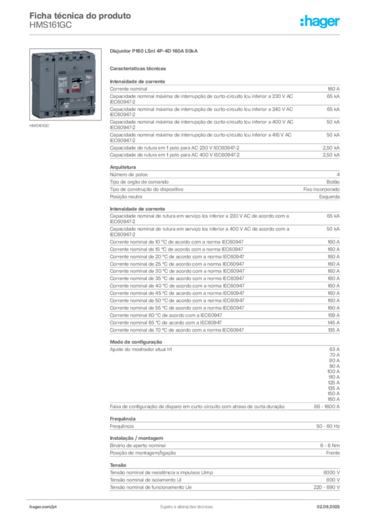 Imagem Hager Ficha técnica do produto HMS161GC | Hager Portugal