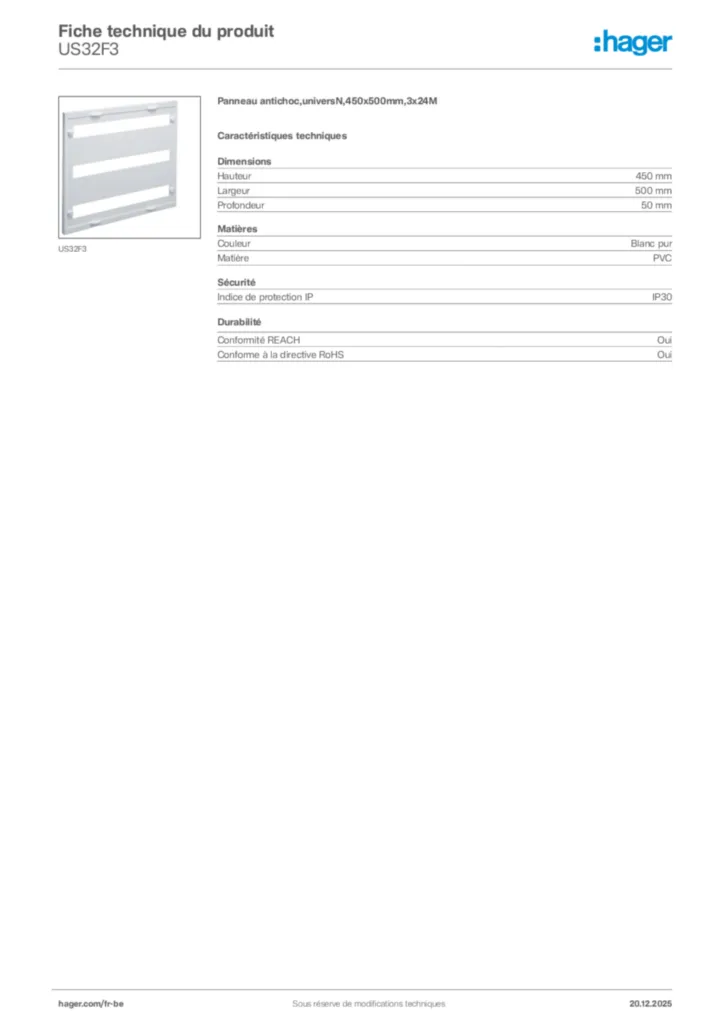 Image Hager Fiche technique du produit US32F3 | Hager Belgique