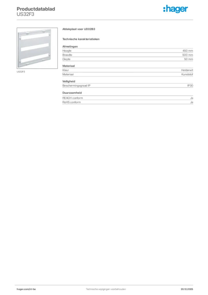 Afbeelding Hager Productdatablad US32F3 | Hager Belgium