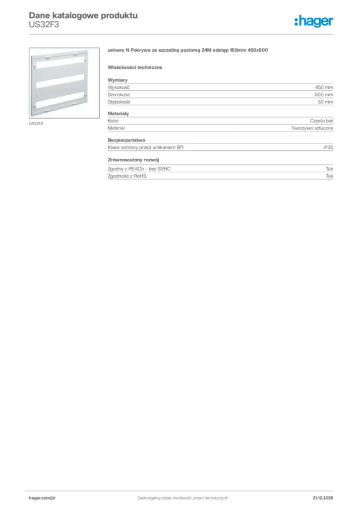 Zdjęcie Hager Dane katalogowe produktu US32F3 | Hager Polska