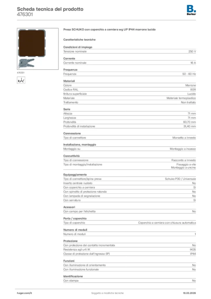 Immagine Berker Scheda tecnica del prodotto 476301 | Hager Italia