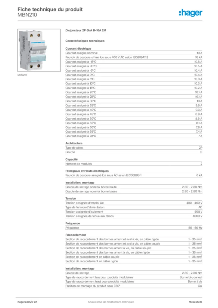 Image Hager Fiche technique du produit MBN210 | Hager Suisse