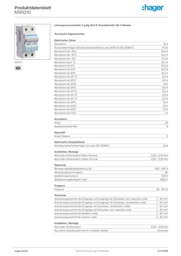 Bild Hager Produktdatenblatt MBN210 | Hager Deutschland
