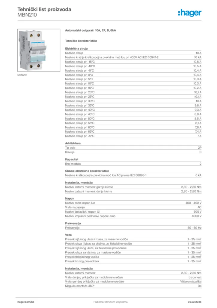 Slika Hager Tehnički list proizvoda MBN210  | Hager