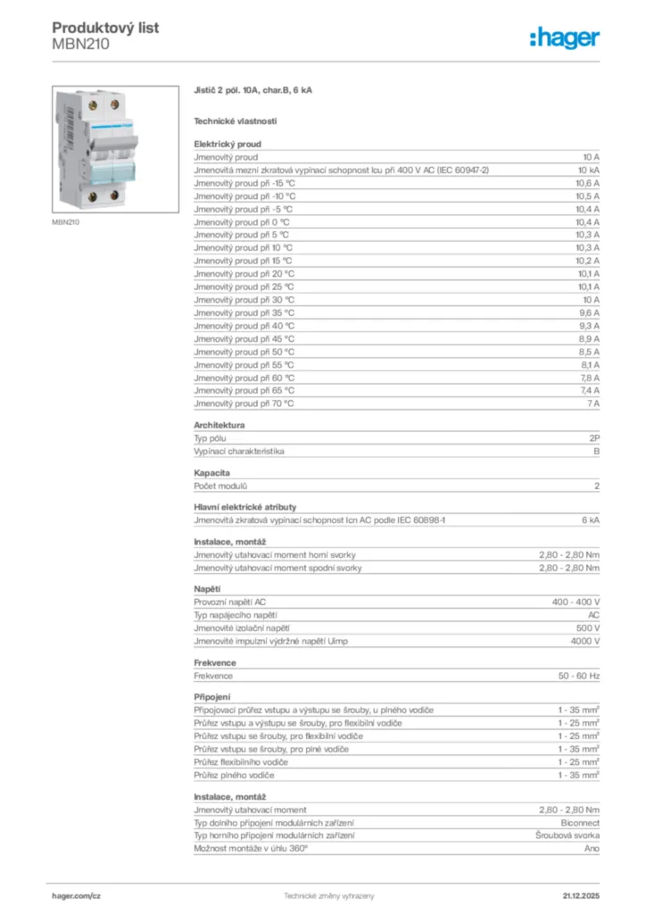 Obrázek Hager Produktový list MBN210 | Hager