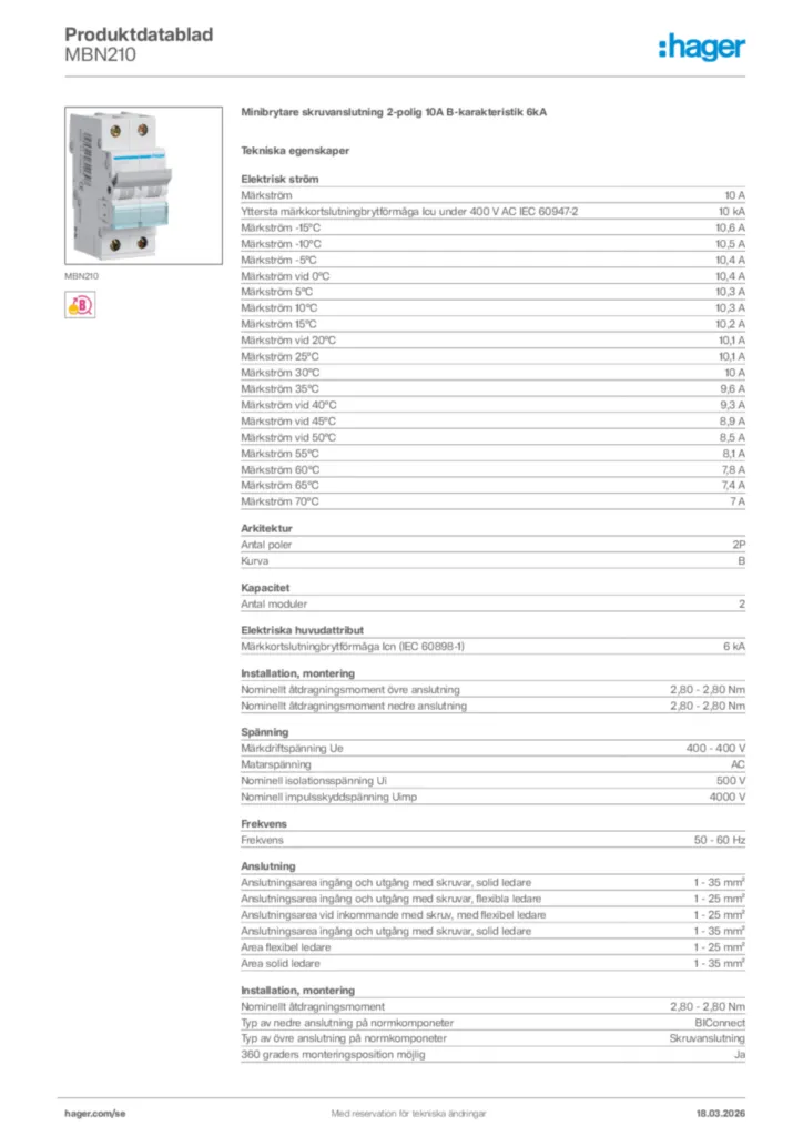 Bild Hager Produktdatablad MBN210 | Hager Sverige