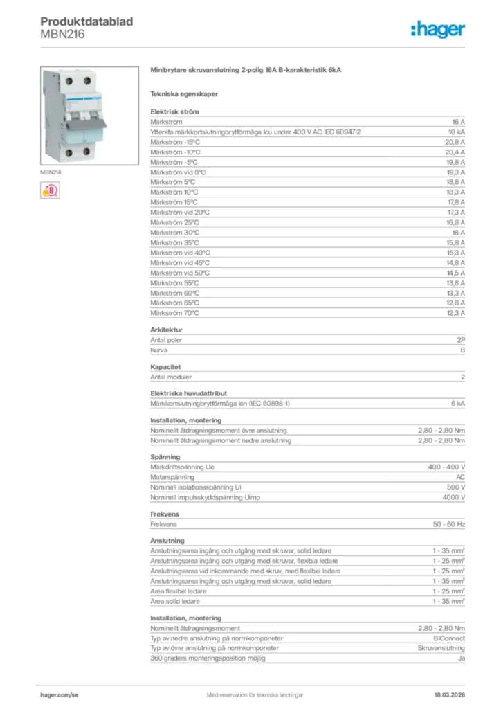 Bild Hager Produktdatablad MBN216 | Hager Sverige