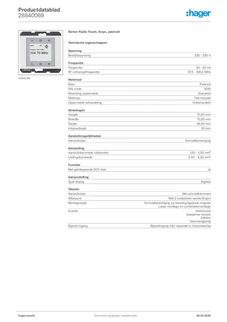 Afbeelding Hager Productdatablad 28840069 | Hager Nederland