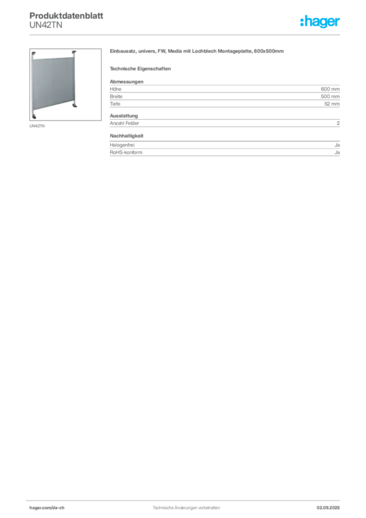 Bild Hager Produktdatenblatt UN42TN | Hager Schweiz