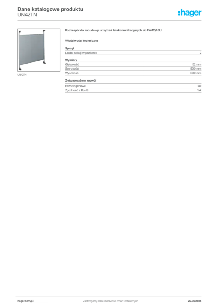 Zdjęcie Hager Dane katalogowe produktu UN42TN | Hager Polska