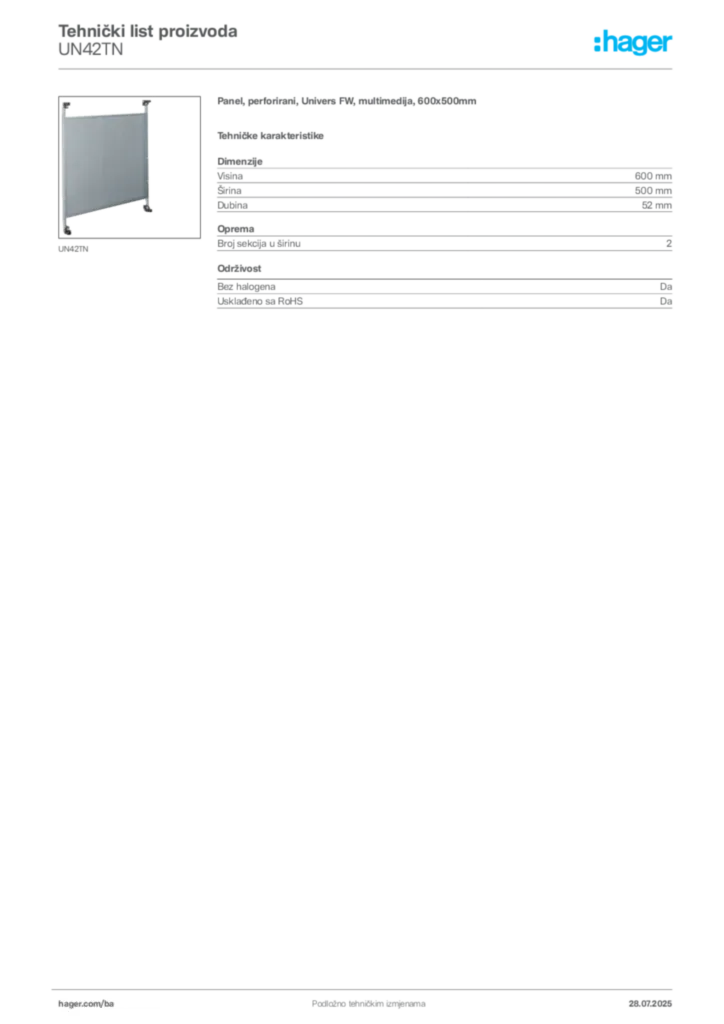 Slika Hager Product data sheet UN42TN  | Hager