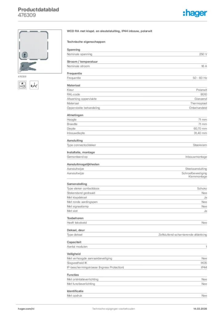 Afbeelding Hager Productdatablad 476309 | Hager Nederland
