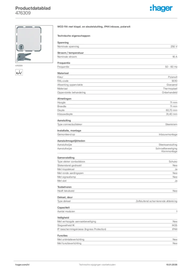 Afbeelding Hager Productdatablad 476309 | Hager Nederland