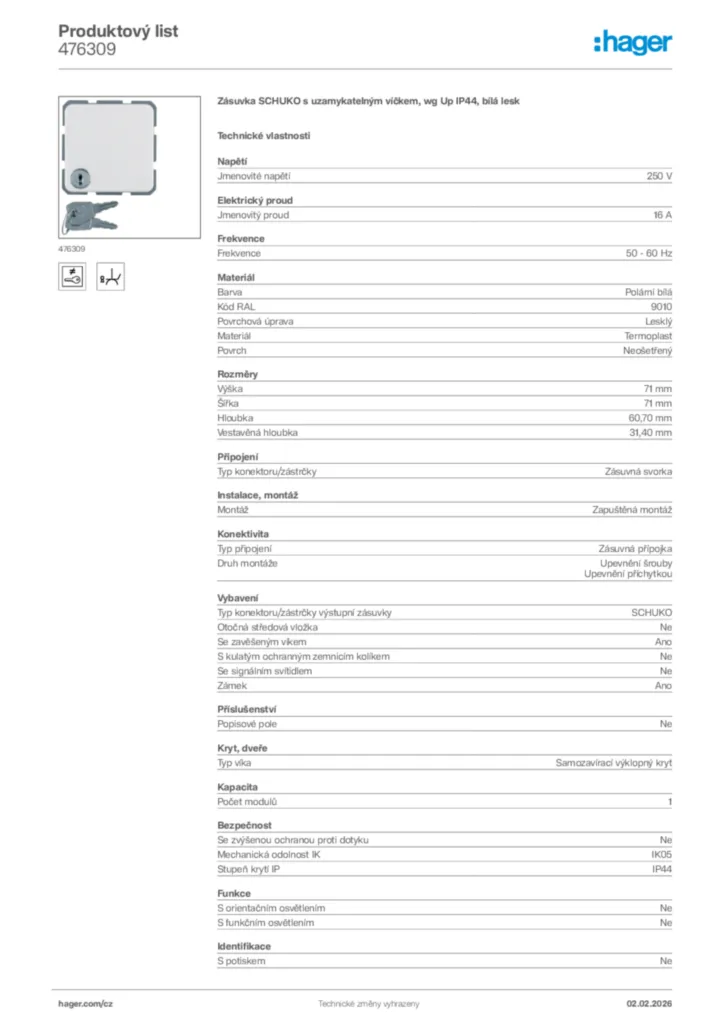 Obrázek Hager Product data sheet 476309 | Hager