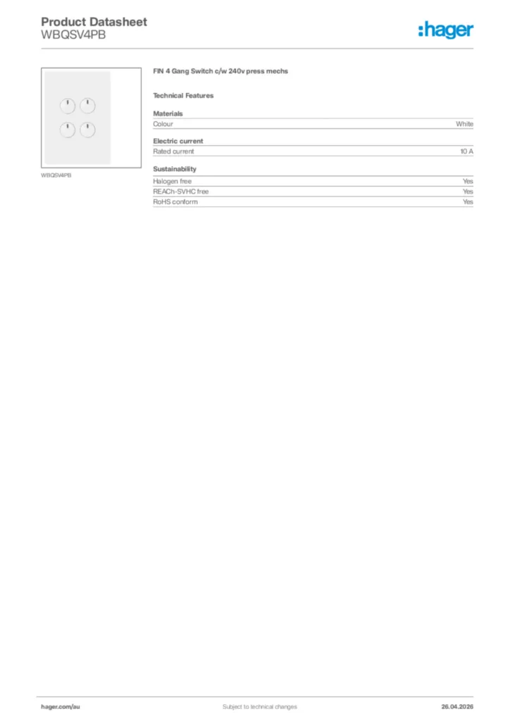 Image Hager Product data sheet WBQSV4PB  | Hager Australia