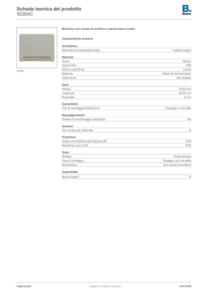 Immagine Berker Scheda tecnica del prodotto 163640 | Hager Italia