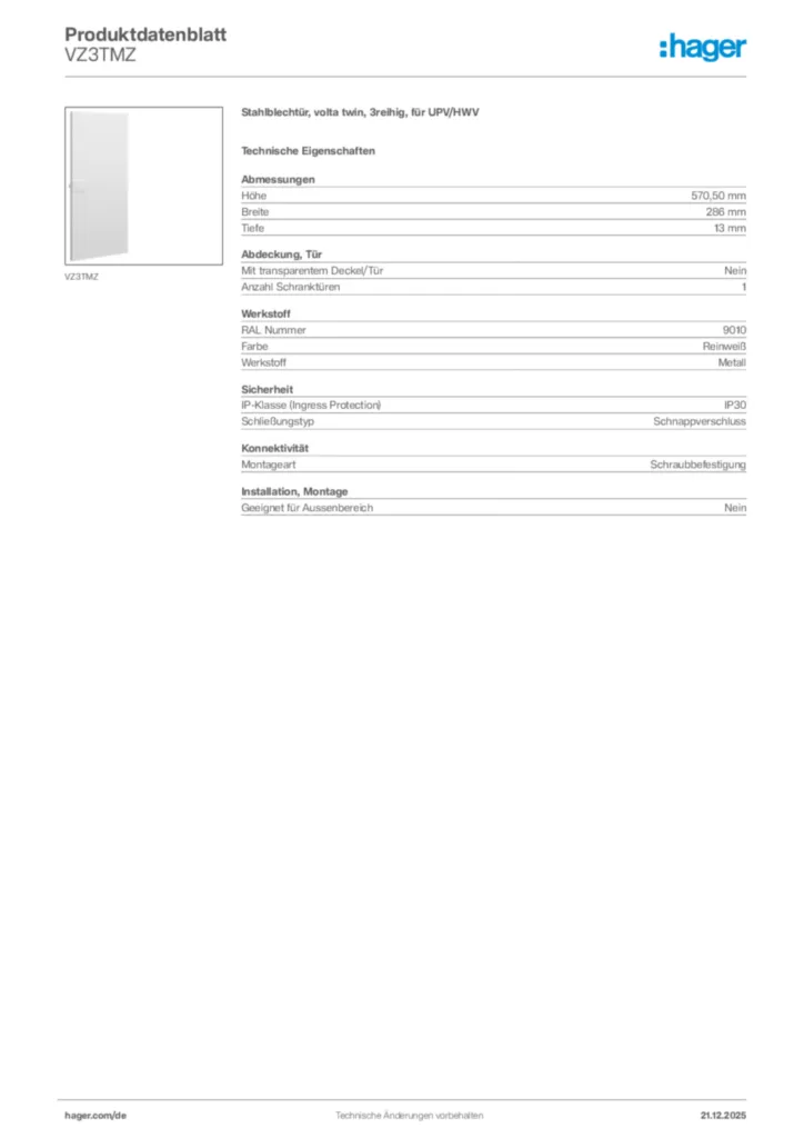 Bild Hager Produktdatenblatt VZ3TMZ | Hager Deutschland