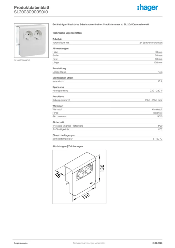 Bild Hager Produktdatenblatt SL200809009010 | Hager Deutschland