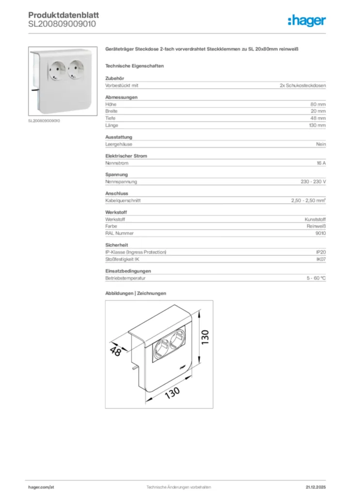 Bild Hager Produktdatenblatt SL200809009010 | Hager Deutschland