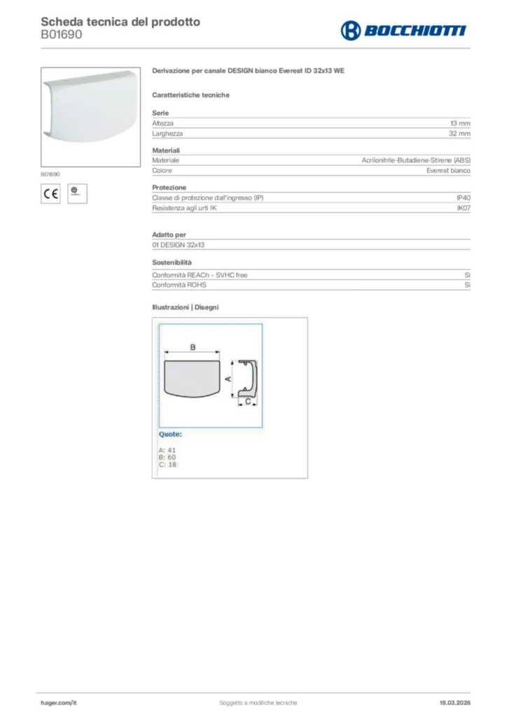 Immagine Bocchiotti Scheda tecnica del prodotto B01690 | Hager Italia