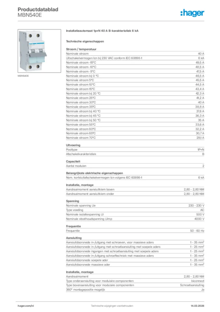 Afbeelding Hager Productdatablad MBN540E | Hager Nederland