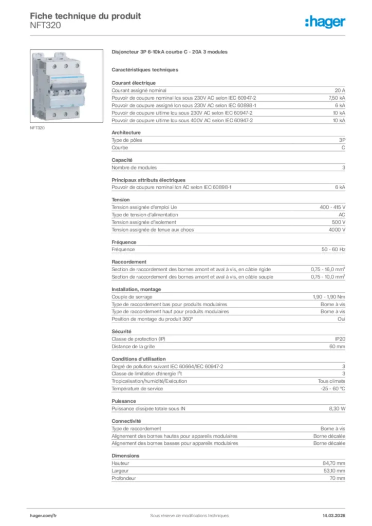 Image Hager Fiche technique du produit NFT320 | Hager France
