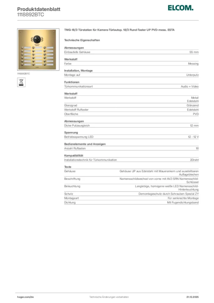 Bild Elcom Produktdatenblatt 1118892BTC | Hager Deutschland