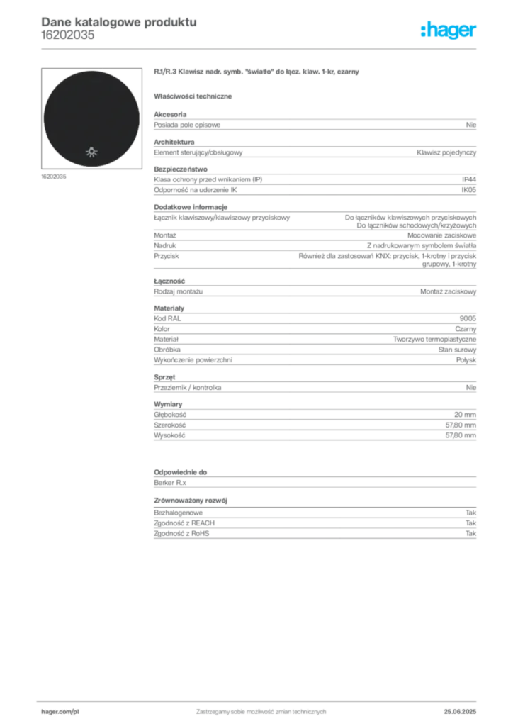 Zdjęcie Hager Dane katalogowe produktu 16202035 | Hager Polska