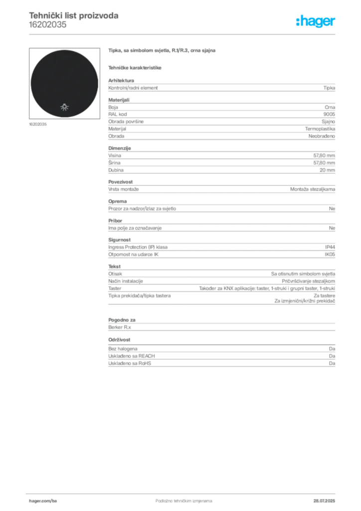 Slika Hager Product data sheet 16202035  | Hager