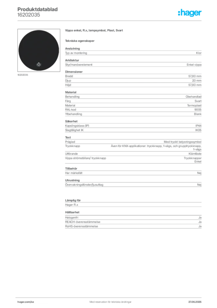 Bild Hager Produktdatablad 16202035 | Hager Sverige