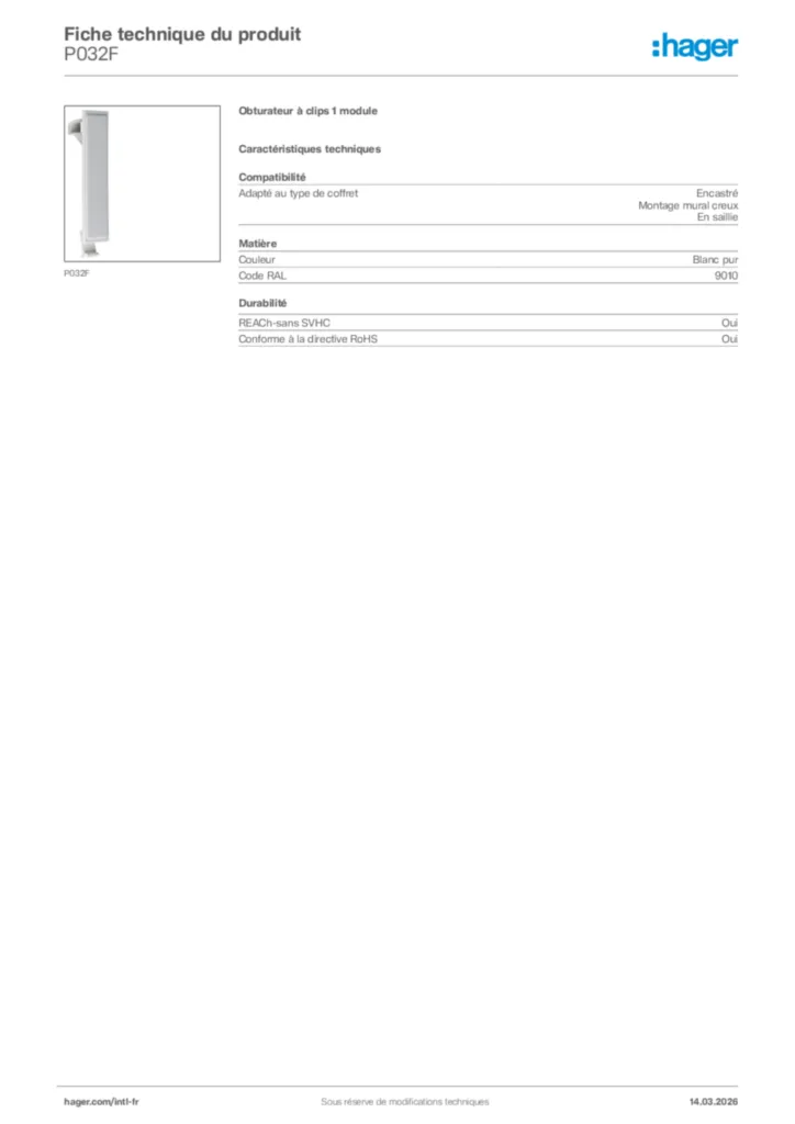 Image Hager Fiche technique du produit P032F | Hager Afrique