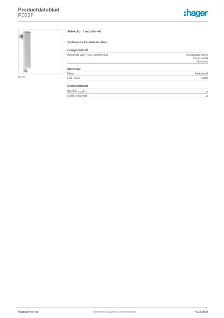 Afbeelding Hager Productdatablad P032F | Hager Belgium
