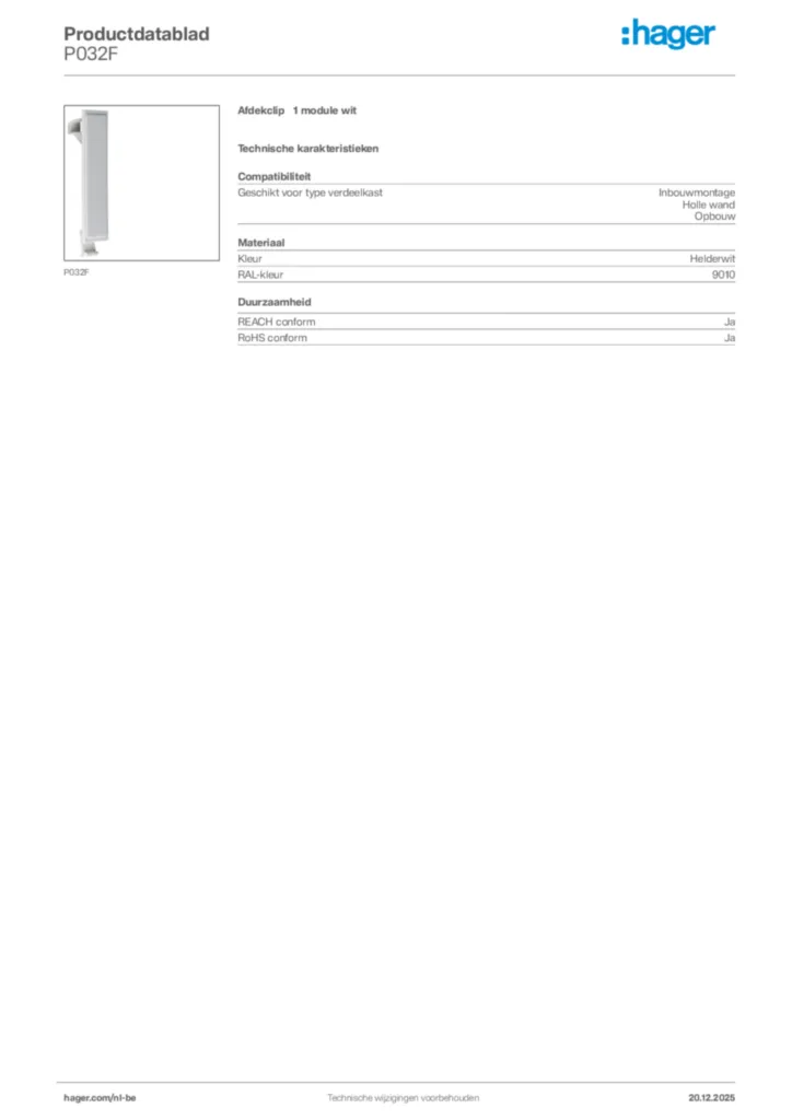 Afbeelding Hager Productdatablad P032F | Hager Belgium