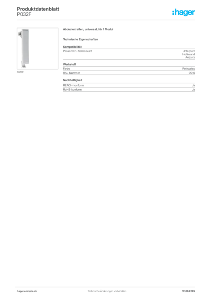 Bild Hager Produktdatenblatt P032F | Hager Schweiz