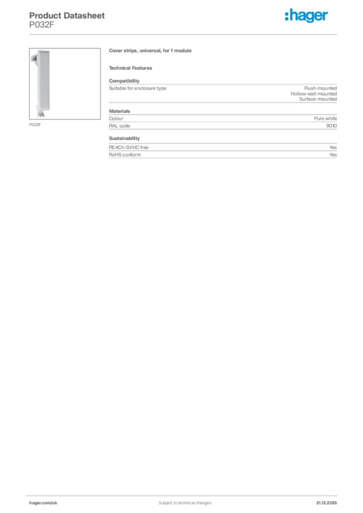 Image Hager Product data sheet P032F  | Hager