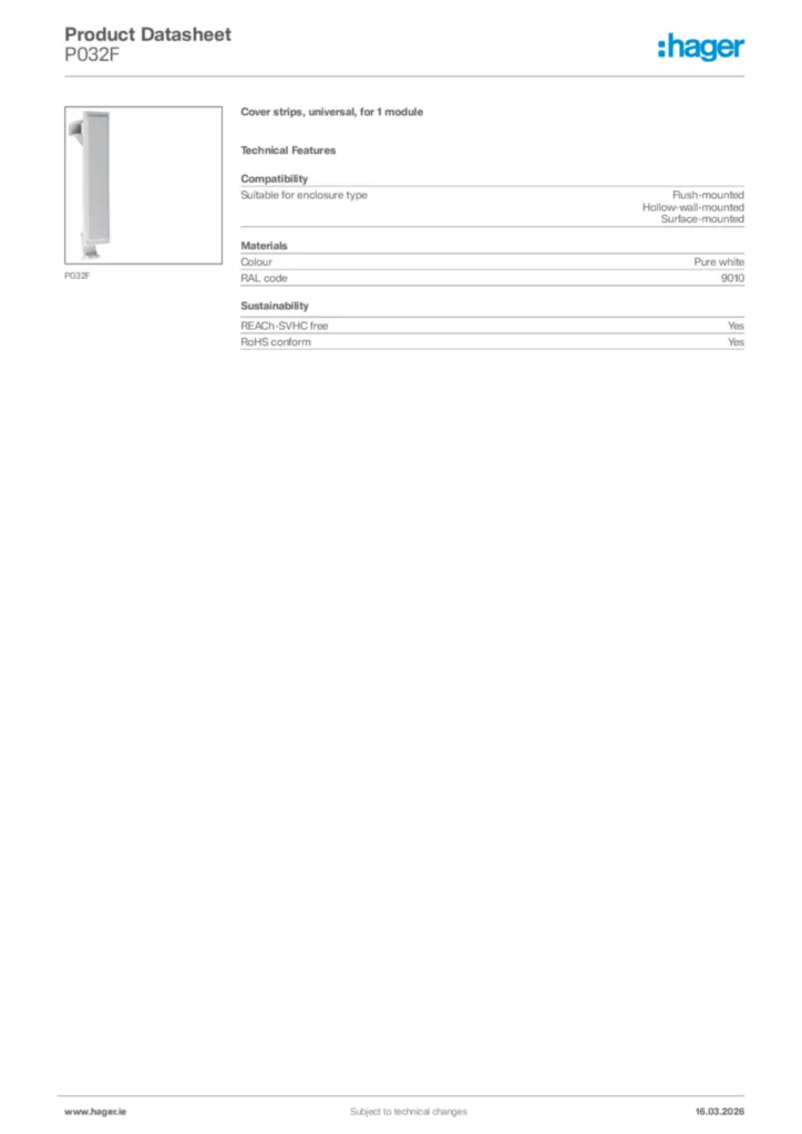 Image Hager Product data sheet P032F  | Hager