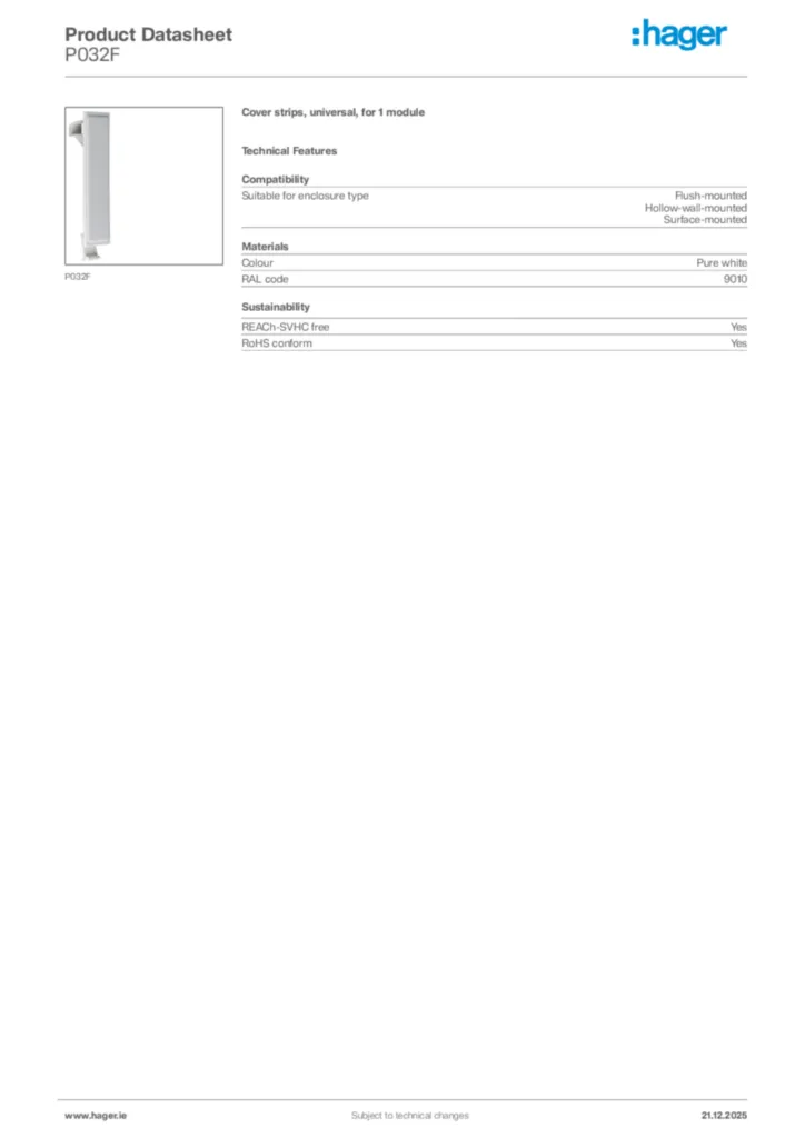 Image Hager Product data sheet P032F  | Hager