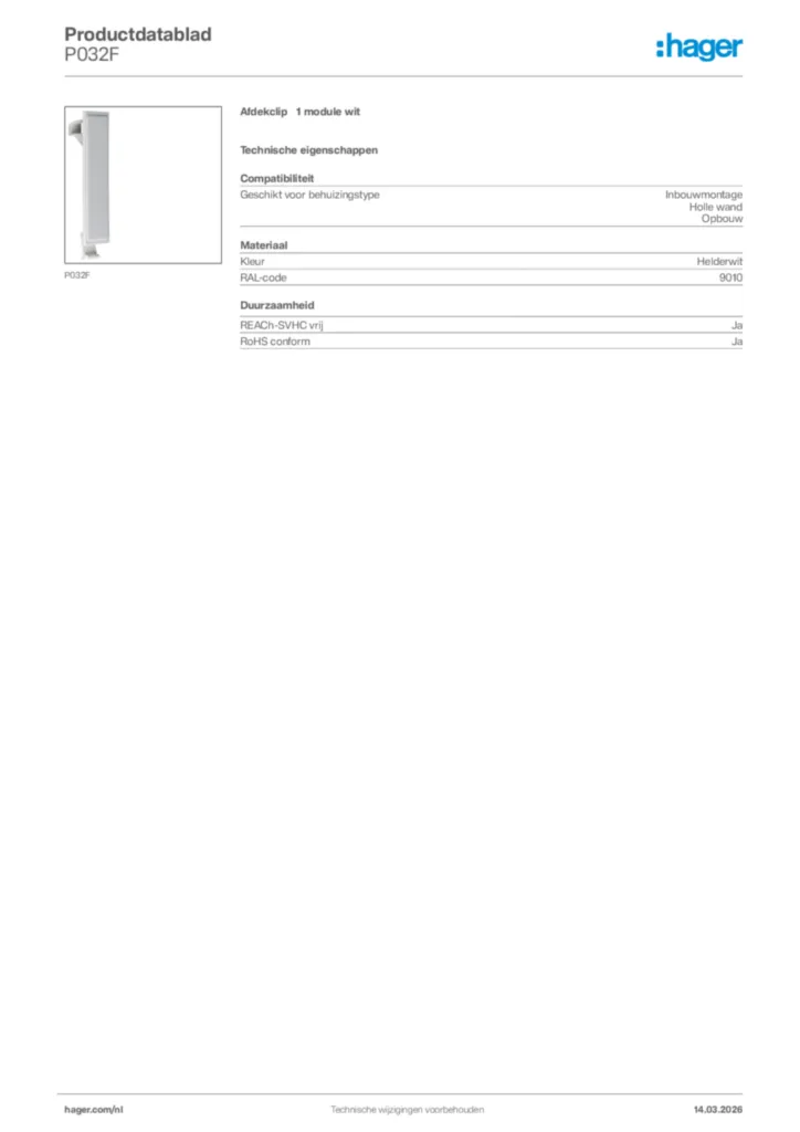 Afbeelding Hager Productdatablad P032F | Hager Nederland