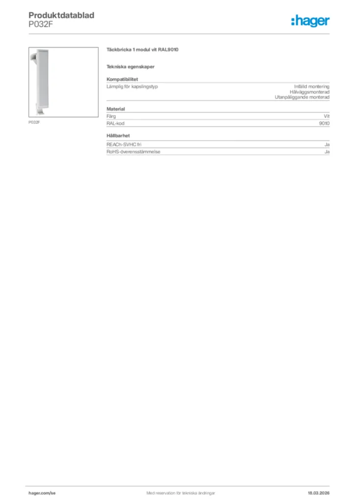 Bild Hager Produktdatablad P032F | Hager Sverige