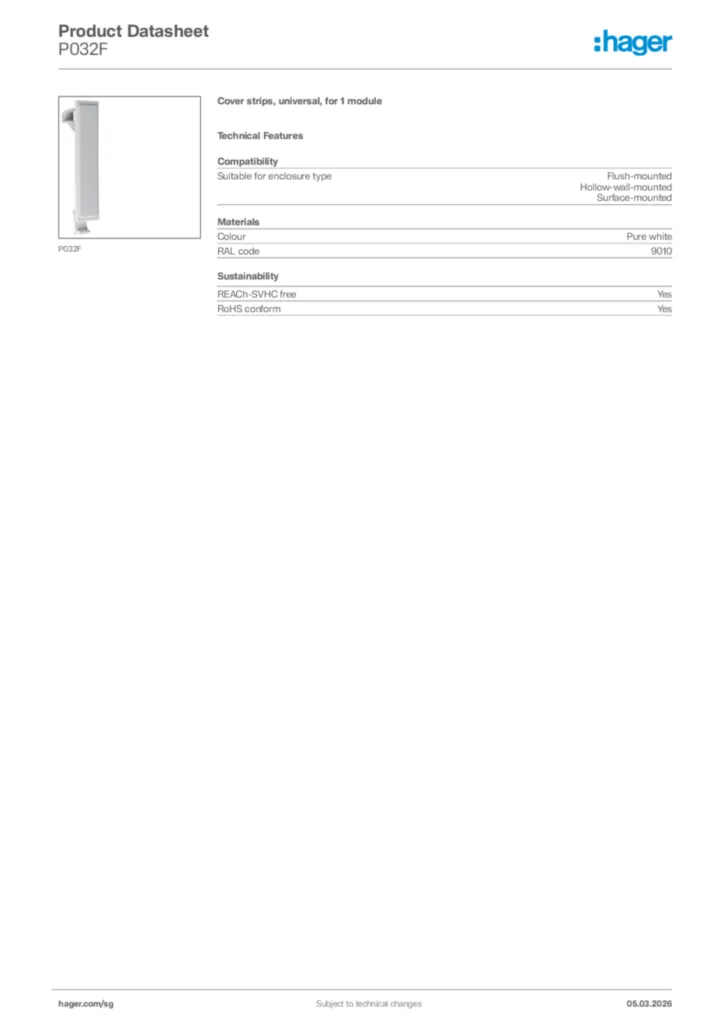 Image Hager Product data sheet P032F  | Hager