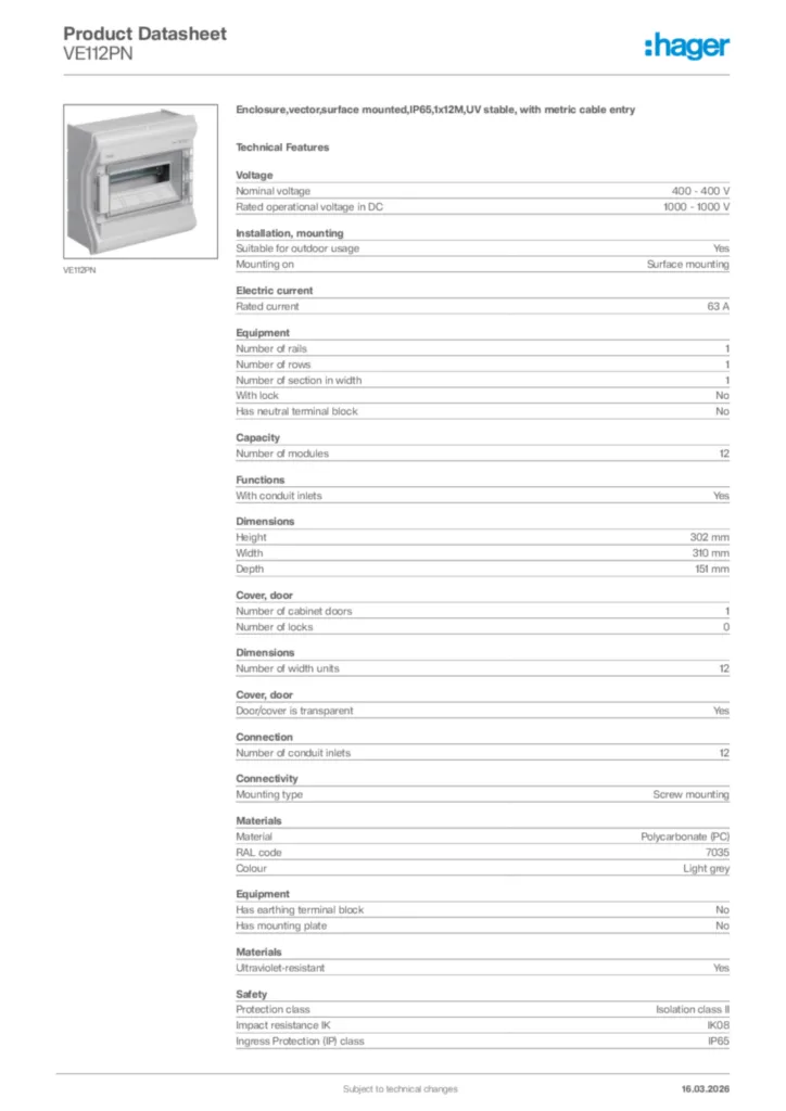 Image Hager Product data sheet VE112PN  | Hager Africa