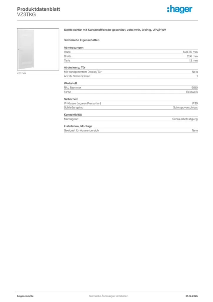 Bild Hager Produktdatenblatt VZ3TKG | Hager Deutschland