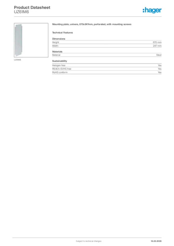 Image Hager Product data sheet UZ61M6  | Hager Africa