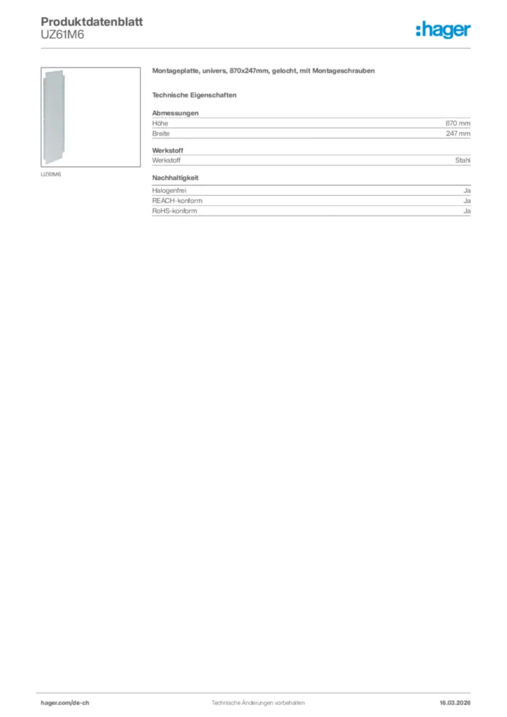Bild Hager Produktdatenblatt UZ61M6 | Hager Schweiz