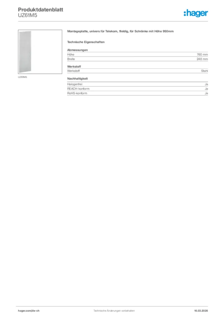 Bild Hager Produktdatenblatt UZ61M5 | Hager Schweiz