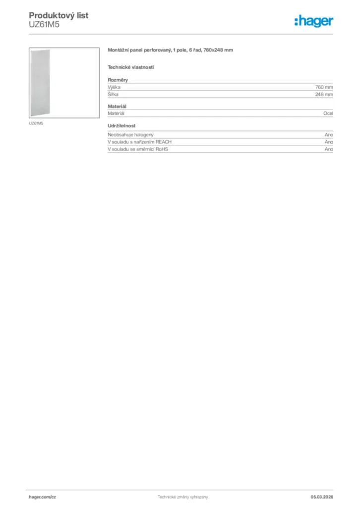 Obrázek Hager Product data sheet UZ61M5 | Hager