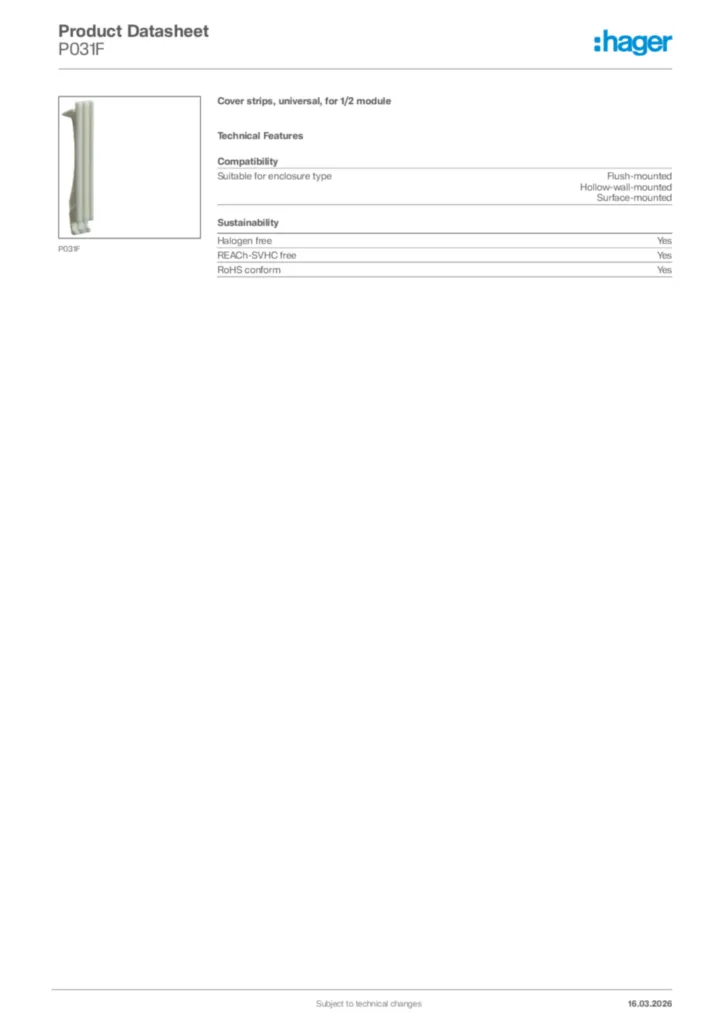 Image Hager Product data sheet P031F  | Hager Africa