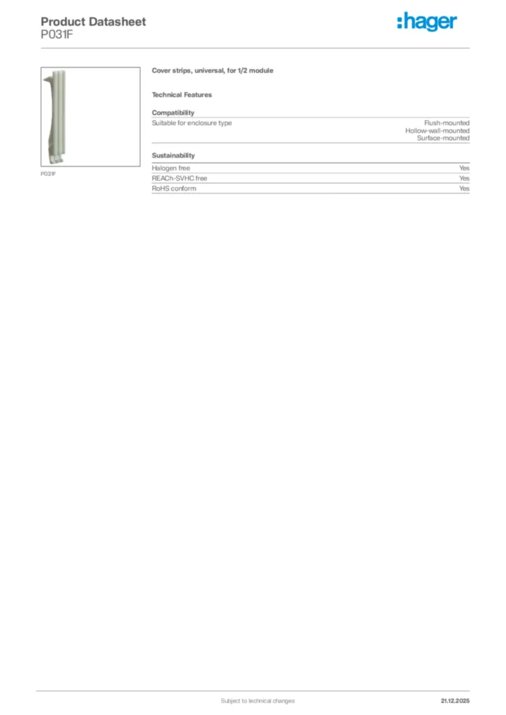 Image Hager Product data sheet P031F  | Hager Africa