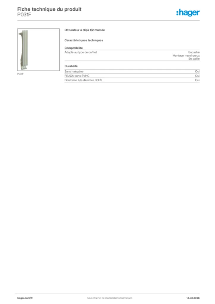Image Hager Fiche technique du produit P031F | Hager France